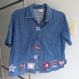 lue denim button-up shirt with cute‎ USA embroidery patches inspired 4th July